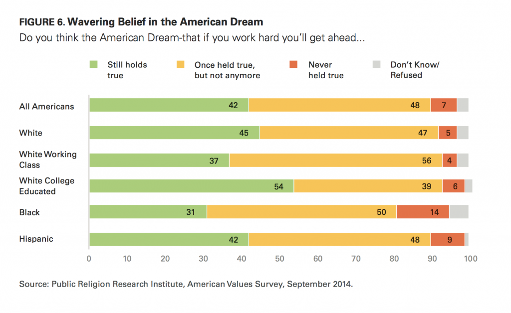 PRRI AVS 2014 belief in American Dream by race and education