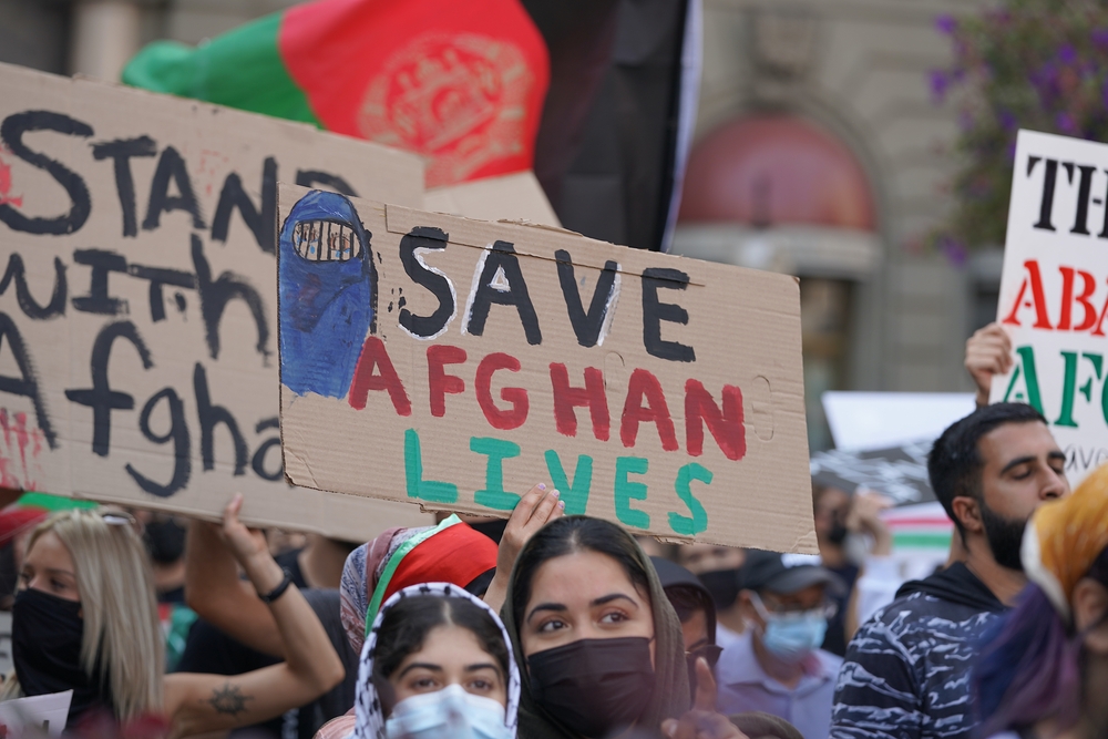 San Francisco, CA – August 28, 2021: Protesters demonstrate in a show of support and solidarity with those Afghans who are attempting to escape from the country and the ongoing systematic violence.